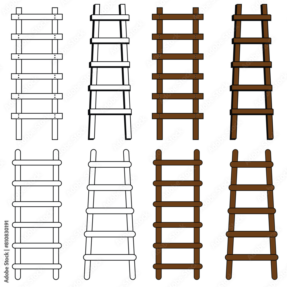 Set of ladders vector illustration. Black and white wood ladders 