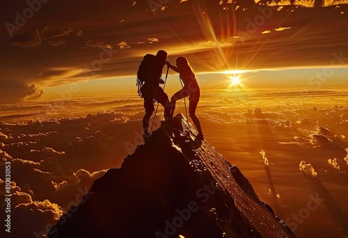 A man assists a woman in climbing a mountain as the sun sets over the horizon photo