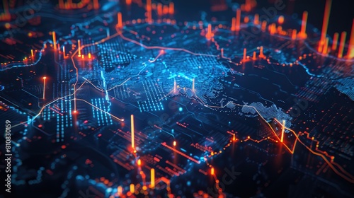 a financial crisis through a digital graphic featuring a stock market graph overlaying a digital map, depicting a bearish trend, against a dark background.