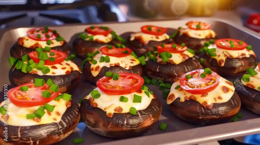 Memorial Day Stuffed Mushrooms, Filled With Herbed Cream Cheese Or Savory Sausage, Baked To Perfection, Background Memorial Day Stuffed Mushrooms, Filled With Herbed Cream Cheese Or Savory Sausage, Baked To Perfection, Background