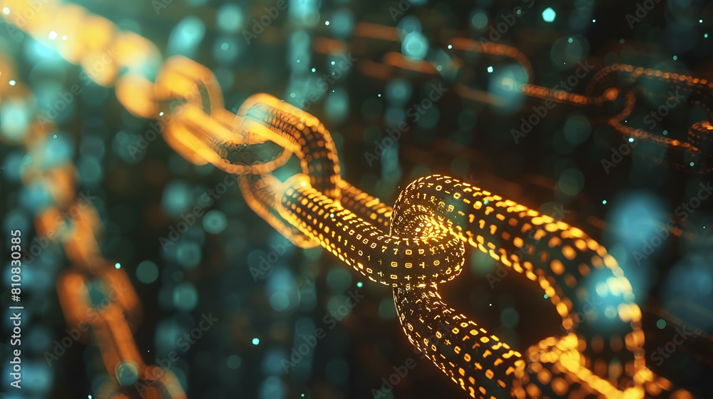Technology background. Yellow chain in digital space symbolizes blockchain concept