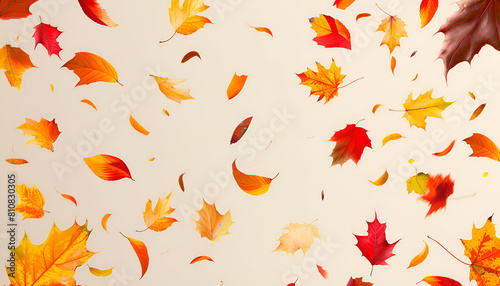 Different autumn leaves falling on beige grey background