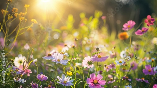 Beautiful meadow full of spring flowers on a sunny day, shallow depth of field, close up, sun rays © Manzoor