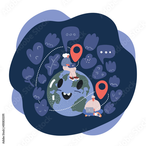 Cartoon vector illustration of Work from anywhere around the world, remote working or freelance, international company or global business concept, business people sitting around world map on globe wor