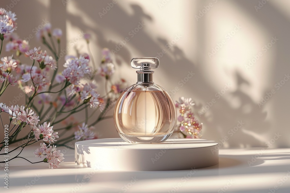 Superior quality perfume bottle with a backdrop of shadows from a window, emphasizing simplicity and purity Superior quality perfume bottle with a backdrop of shadows from a window, emphasizing simplicity and purity