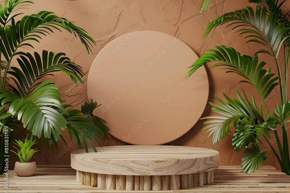 Tropical Palm Leaves Adorning a Product Display Podium - 3D Rendering Tropical Palm Leaves Adorning a Product Display Podium - 3D Rendering