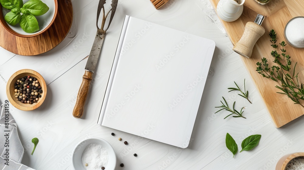 The minimalist-style kitchen table hosts a recipe book mockup, accompanied by a curated selection of kitchen utensils. Against a backdrop of clean lines and neutral tones, the mockup exudes simplicity The minimalist-style kitchen table hosts a recipe book mockup, accompanied by a curated selection of kitchen utensils. Against a backdrop of clean lines and neutral tones, the mockup exudes simplicity