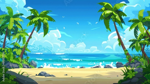 This image showcases a tropical ocean beach with palm trees. The background is prepared for 2D animation. The image depicts a seascape with sand shore and a sea lagoon.
