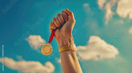 Hand holding gold medal against blue sky, suitable for sports or achievement concepts photo