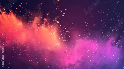 An explosion of color powders  yellow  orange  and purple dust with pieces. Modern horizontal poster with smoke clouds  paints bursting on a black background.