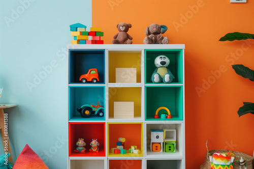 Toy Trove: Shelf Unit in Vibrant Room Playful Paradise: Toys Adorn Colorful Walls Shelf of Wonders: Toys Near Bright Background Colorful Collection: Shelf Unit with Playthings © Asifa