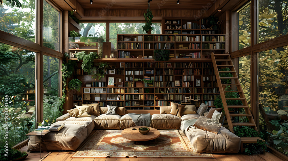 Spacious home library with built-in shelves, ladder, and reading nook