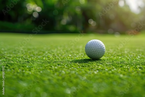 A golf ball resting on a vibrant green field. Suitable for sports and leisure concepts