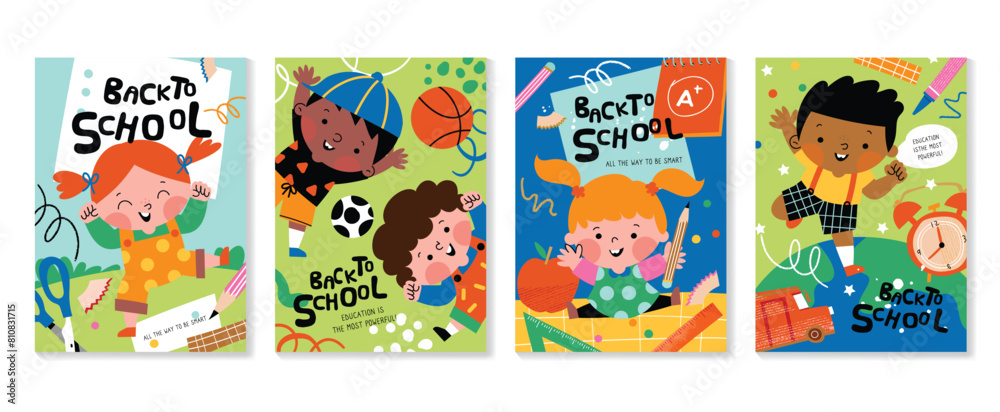 Back to school cover vector set. Background design with children and education accessories element. Kids hand drawn flat design for poster, wallpaper, website and cover template. 