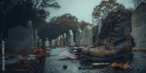 Weathered boots, folded flag & shell casing. Somber farewell in autumn's twilight. Memorial Day concept. copy space.