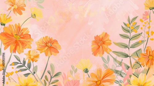 A pink background with a bunch of orange flowers