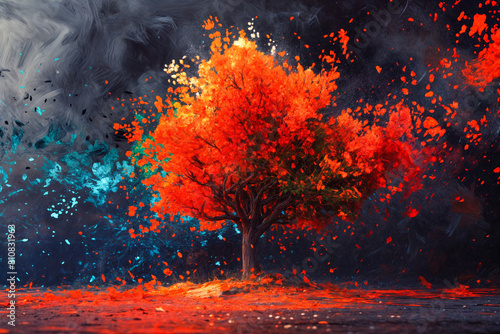 Explosive autumn vibrancy  abstract tree in vivid orange and red  a dynamic interpretation of nature s energy