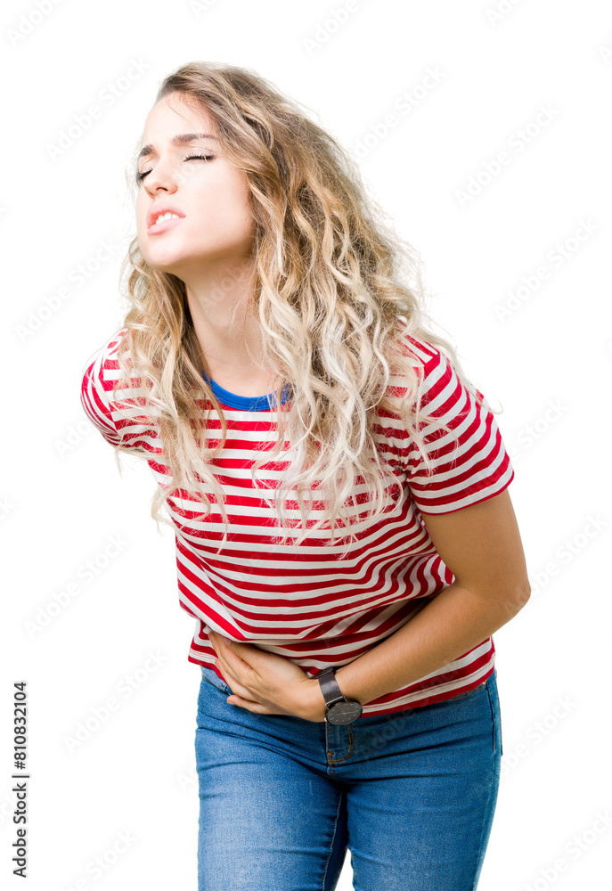 Beautiful young blonde woman over isolated background Suffering of backache, touching back with hand, muscular pain Beautiful young blonde woman over isolated background Suffering of backache, touching back with hand, muscular pain