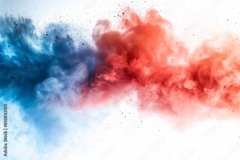 Red, white, and blue dust explodes. Abstract Labor Day or memorial day celebration. isolated on white. copy space Red, white, and blue dust explodes. Abstract Labor Day or memorial day celebration. isolated on white. copy space