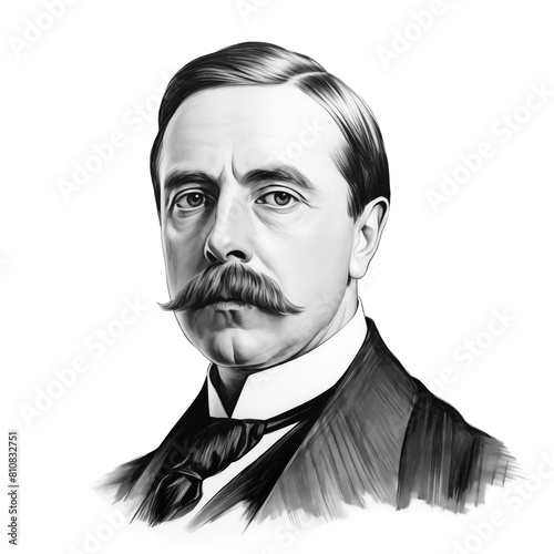 Black and white vintage engraving, close-up headshot portrait of Herbert George (H.G.) Wells, the famous historical English fiction writer and novelist, white background, greyscale photo