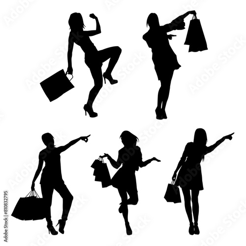 Silhouette collection of woman carrying shopping bag. Silhouette collection of female doing shopping 