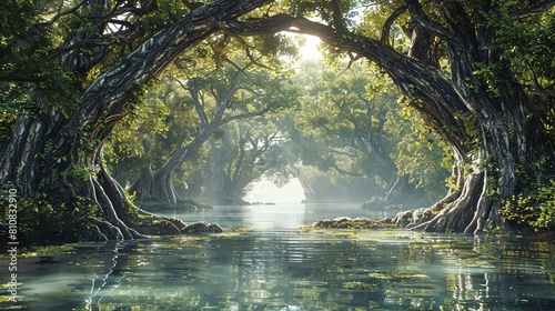 Explore the enchanting Mangrove Mysteries with a digital twist Create a CG 3D artwork portraying a mystic swamp at frontal view photo