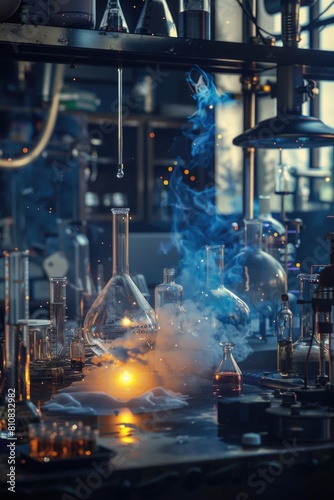 A science lab with glassware and smoke, suitable for educational purposes