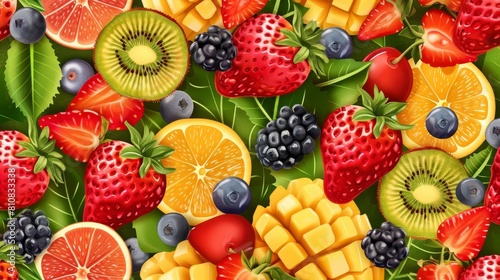 A colorful fruit pattern with a variety of fruits including kiwi  strawberries