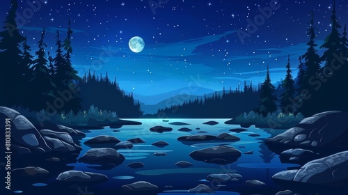 A rocky shore and silhouetted trees at night. Modern cartoon illustration of a summer landscape, countryside with water stream, stones, coniferous forest, full moon and stars. photo