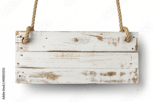 Vintage style blank wooden sign with a rustic texture, hanging from a rope, isolated on a white background
