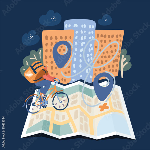 Cartoon vector illustration of Online delivery service concept, online order tracking, delivery home and office. Fast delivery man riding bycicle. Customers ordering on mobile application,The motorcyc