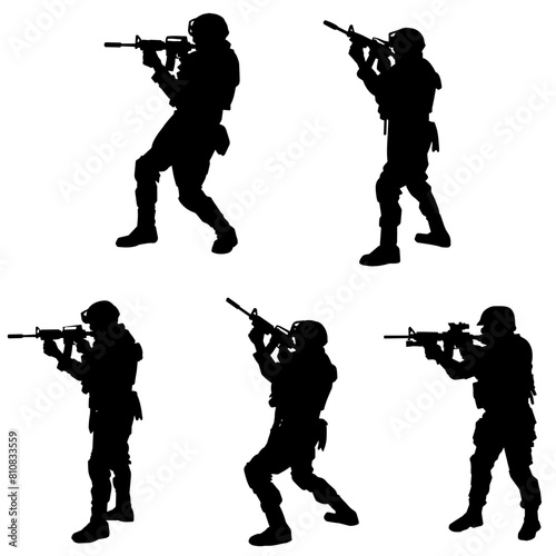 Silhouette collection of male soldier carrying machine gun weapon. Silhouette collection of sniper shooter in action.