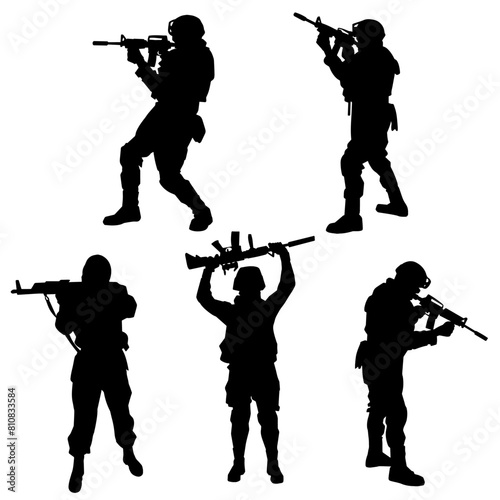 Silhouette collection of male soldier carrying machine gun weapon. Silhouette collection of sniper shooter in action.