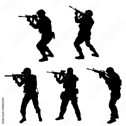 Silhouette collection of male soldier carrying machine gun weapon. Silhouette collection of sniper shooter in action.