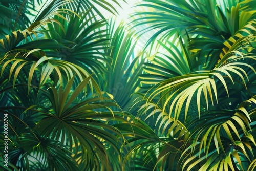 A group of palm trees with lush green leaves. Suitable for tropical-themed designs