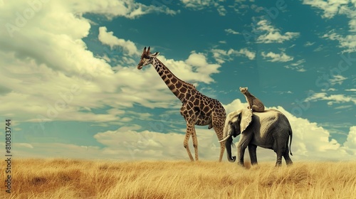 Giraffe riding an elephant on field . Generative Ai
