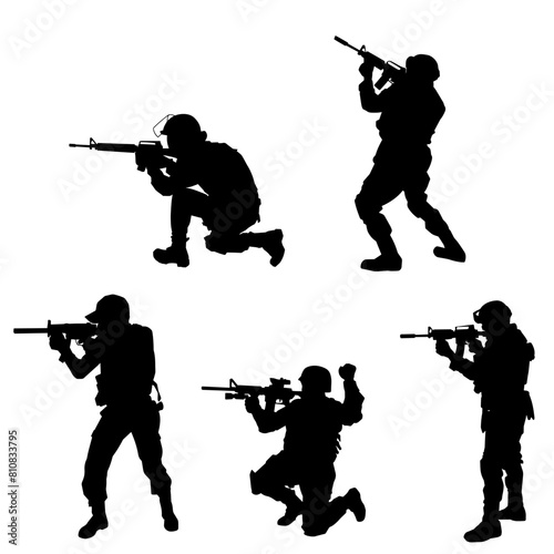 Silhouette collection of male soldier carrying machine gun weapon. Silhouette collection of sniper shooter in action.