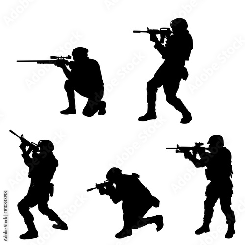 Silhouette collection of male soldier carrying machine gun weapon. Silhouette collection of sniper shooter in action.