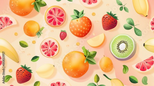 A colorful fruit pattern on a pink background