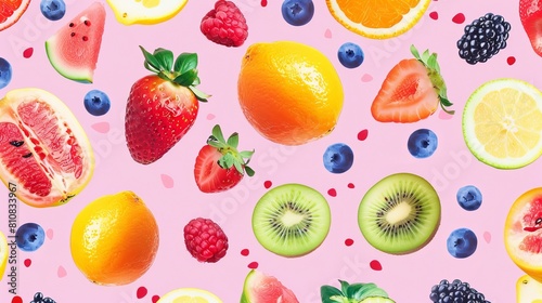A colorful fruit pattern on a pink background