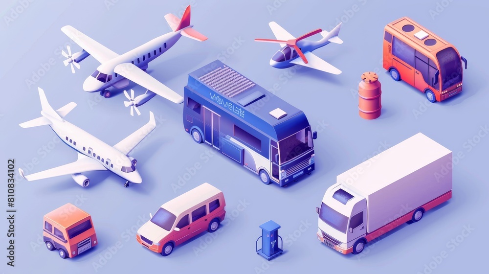 Modern line art of a transportation isometric banner with an electric car, a cleaner truck, a refrigerator van, a helicopter, a passenger plane, and a cropduster airplane.