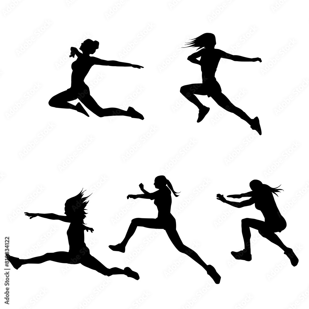 Silhouette collection of happy woman jumping pose. Silhouette collection of a sporty female model jumps.