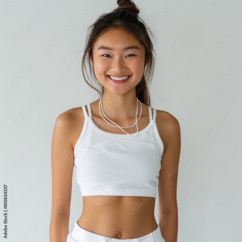 Smiling teenage girl wearing white tank top posing for a picture. Smiling teenage girl wearing white tank top posing for a picture.