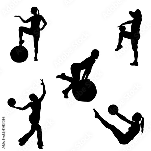 Silhouette cpllection of a slim sporty woman doing pilates exercise using gym ball. Silhouette collection of a sporty female doing physical exercise using fitness ball. 