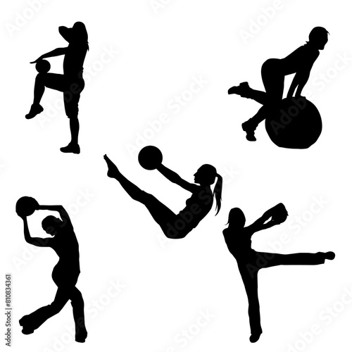 Silhouette cpllection of a slim sporty woman doing pilates exercise using gym ball. Silhouette collection of a sporty female doing physical exercise using fitness ball. 