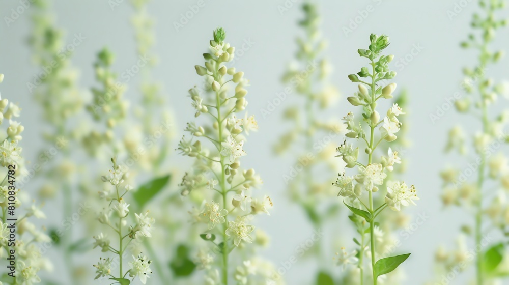 A cluster of basil blossoms, focusing on the tiny flowers, crisp and detailed against a pure white backdrop A cluster of basil blossoms, focusing on the tiny flowers, crisp and detailed against a pure white backdrop