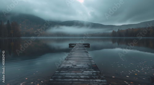 A long wooden dock leads into the middle of a lake photo