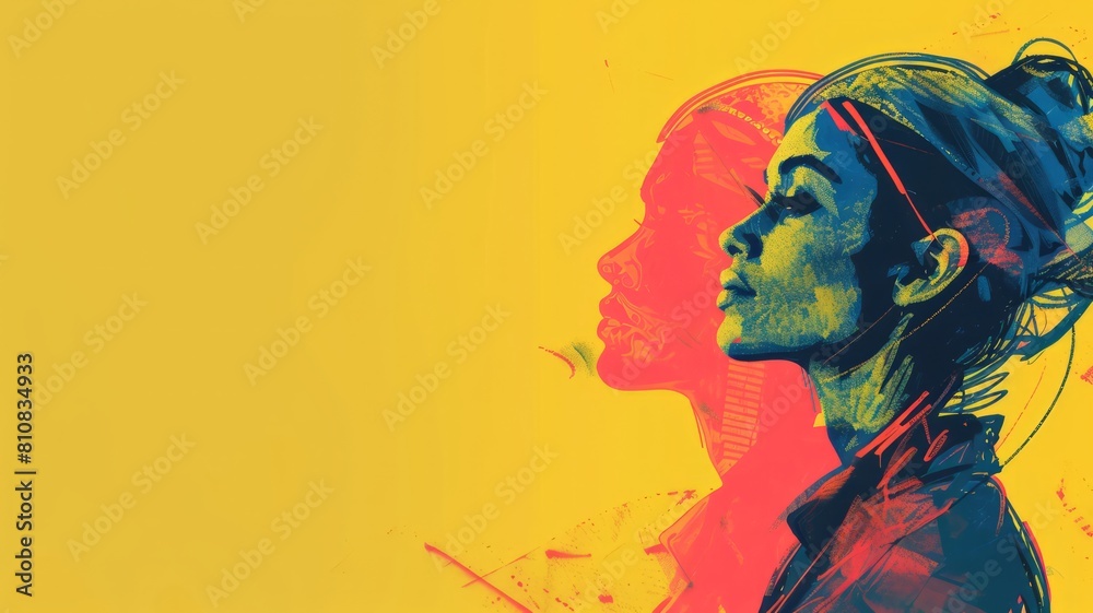 Fototapeta premium A modern digital sketch of a woman stands on the right side against a solid colored background, exuding elegance and grace in presentations. 