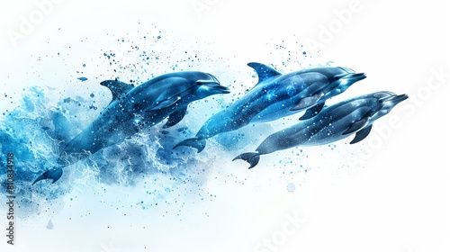 Illustrate a captivating underwater scene of a pod of dolphins at eye level