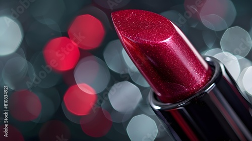 Close-Up of Red Glitter Lipstick with Bokeh Background
